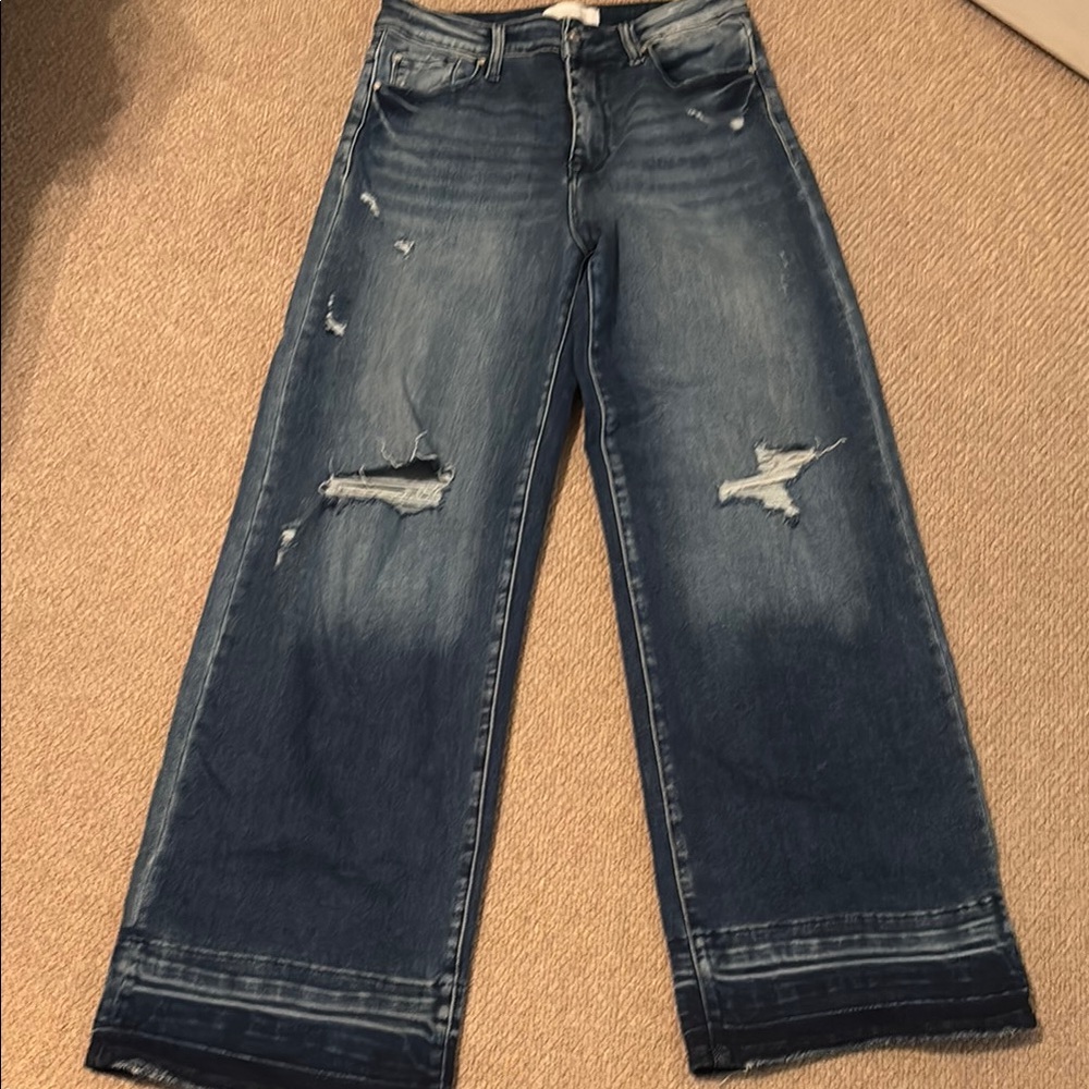 Blue Flare Wide Leg Jeans with Distressed Details